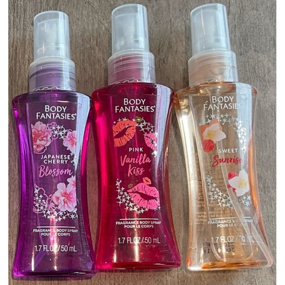 3pc 1.7oz ea Body Fantasies Spray Mist Japanese Cherry+Sunrise+Pink Vanilla Kiss